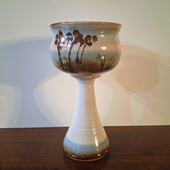 Signed Bonnie Staffel Pottery Chalice Goblet Wine Tropical Seascape Ocean Sunset - Picture 5 of 16